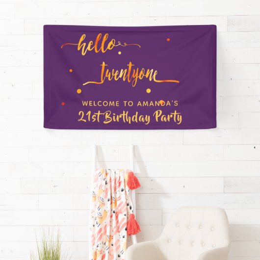 21ste verjaardag paars goud hallo twintigste spandoek (Insitu)