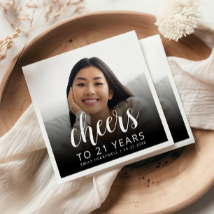 21ste verjaardag Party Foto White Script Cheers Servet