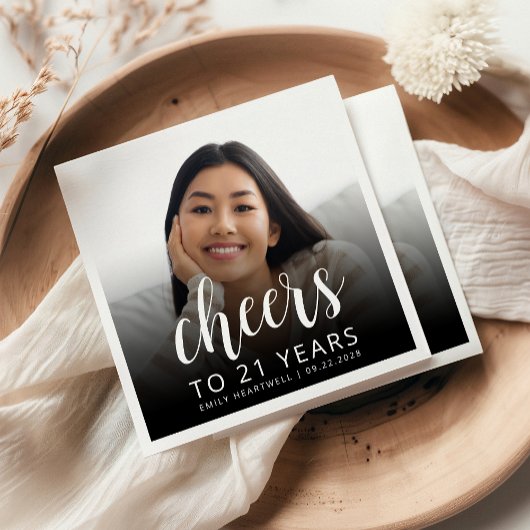 21ste verjaardag Party Foto White Script Cheers Servet
