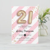 21ste verjaardag - Pink Stripes gouden ballonnen Kaart (Staand voorkant)