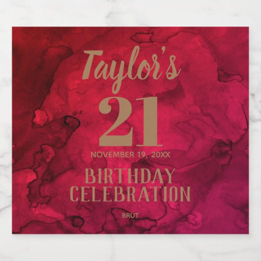 21ste Verjaardag Rood naar Zwart Waterverf Spranke Sparkling Wijnetiket (Enkel label)
