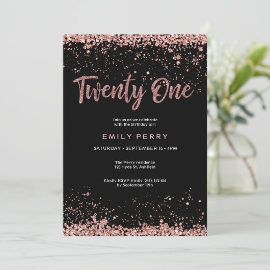 21ste verjaardag roos gouden glitter Uitnodiging (Staand voorkant)