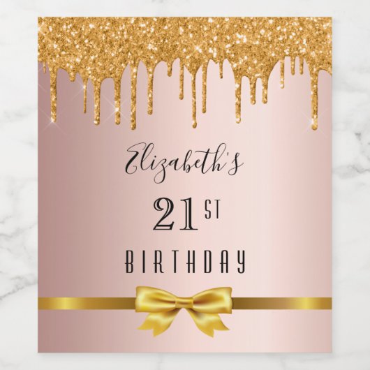 21ste verjaardag roos goudglitter drip monogram wijn etiket (Enkel label)