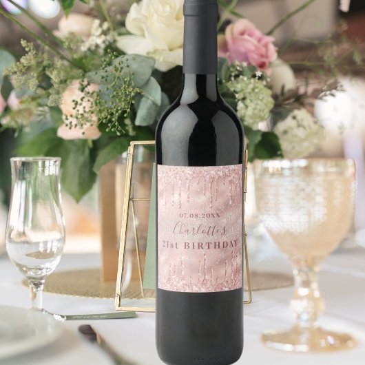 21ste verjaardag roos goudglitter naam wijn etiket