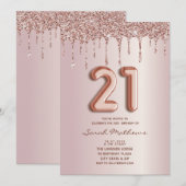 21ste verjaardag Roze Goud Glitter Druppels Uitnod Kaart (Voorkant / Achterkant)