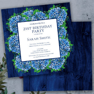 21ste verjaardag Rustic Wood Blue Hydrangeas Party Kaart