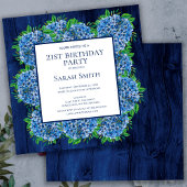 21ste verjaardag Rustic Wood Blue Hydrangeas Party Kaart