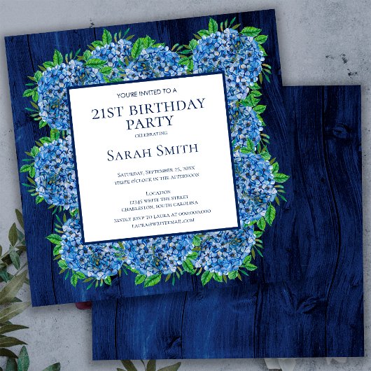 21ste verjaardag Rustic Wood Blue Hydrangeas Party Kaart