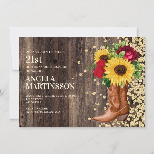 21ste verjaardag Rustic Wood Boots Sunflower Red R Kaart (Voorkant)