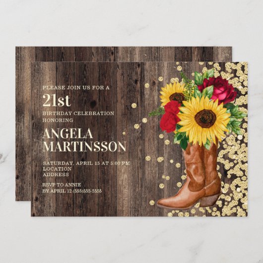 21ste verjaardag Rustic Wood Boots Sunflower Red R Kaart (Voorkant / Achterkant)