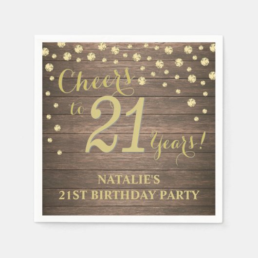 21ste verjaardag Rustic Wood en Gold Diamond Servet (Voorkant)