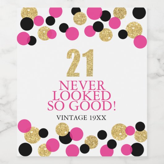 21ste Verjaardag Sparkling Gold Glitter Roze Confe Wijn Etiket (Enkel label)