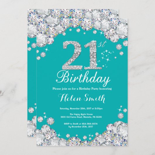 21ste verjaardag Uitnodiging Blauwgroen en Silver  (Voorkant / Achterkant)