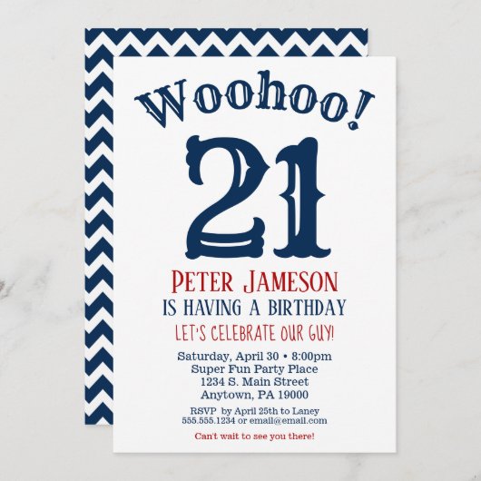 21ste verjaardag Uitnodiging Mannen marine blauw (Voorkant / Achterkant)