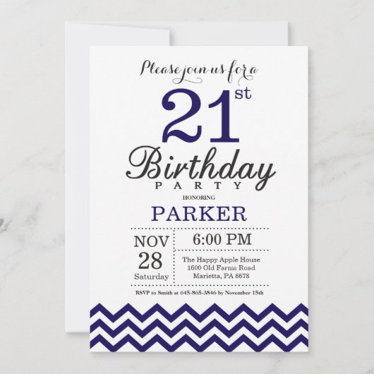 21ste verjaardag uitnodiging van Birthday Navy Blu (Voorkant)