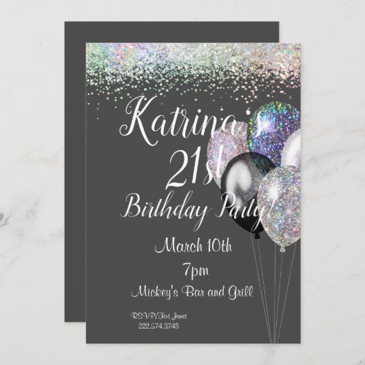 21ste verjaardag, uitnodiging van Glitter Birthday (Voorkant / Achterkant)