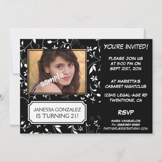 21ste verjaardag van de jonge dame BW Floral met f Kaart (Voorkant)