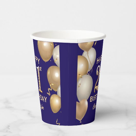 21ste verjaardag van de marineblauw en goudballonn papieren bekers (Rechts)