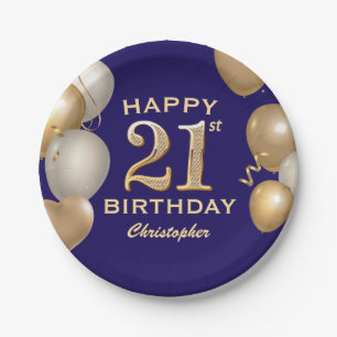 21ste verjaardag van de marineblauw en goudballonn papieren bordje