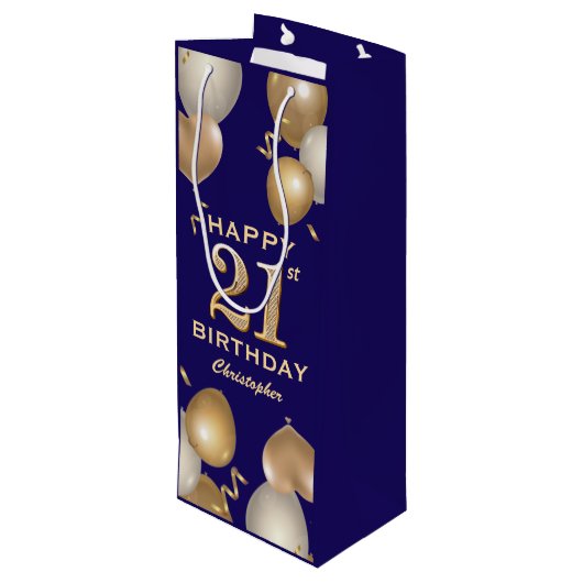 21ste verjaardag van de marineblauw en goudballonn wijn cadeautas (Achterkant Gekanteld)