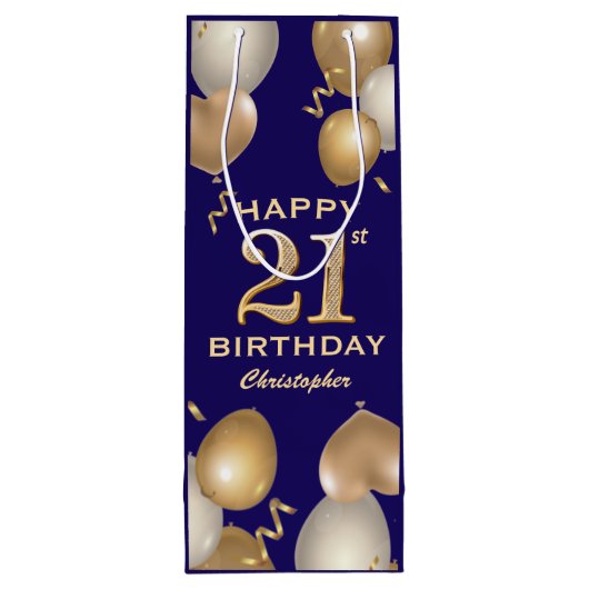 21ste verjaardag van de marineblauw en goudballonn wijn cadeautas (Achterkant)