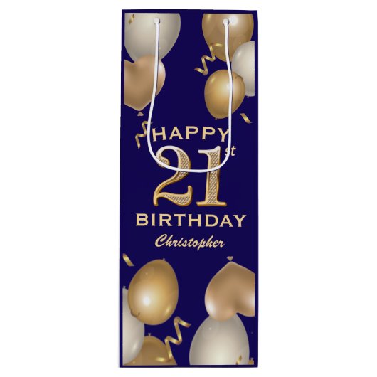 21ste verjaardag van de marineblauw en goudballonn wijn cadeautas (Voorkant)
