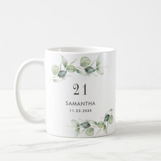 21ste verjaardag van het monogram Eucalyptus Green Koffiemok (Links)