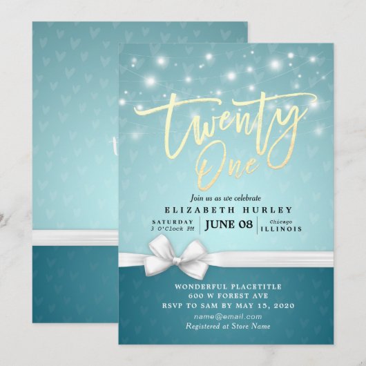 21ste verjaardag van het Turquoise Blue White Ribb Kaart (Voorkant / Achterkant)
