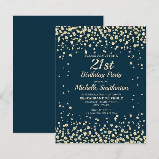 21ste verjaardag van Navy Blue Gold Diamond Kaart (Voorkant / Achterkant)