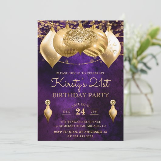 21ste verjaardag van Paarse en gouden kerstcadeaut Kaart (Staand voorkant)