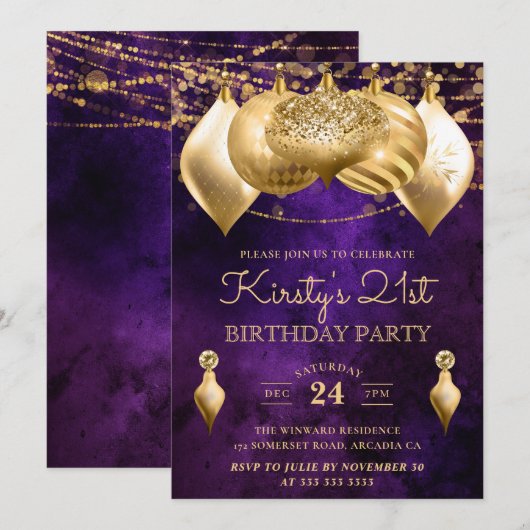 21ste verjaardag van Paarse en gouden kerstcadeaut Kaart (Voorkant / Achterkant)