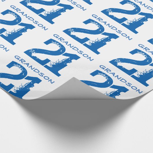 21ste verjaardag voor een kleinzoon, blauwe tekst cadeaupapier (Hoek)