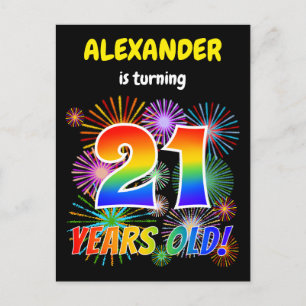 21ste verjaardag - vuurwerk, regenboogblik "21" briefkaart