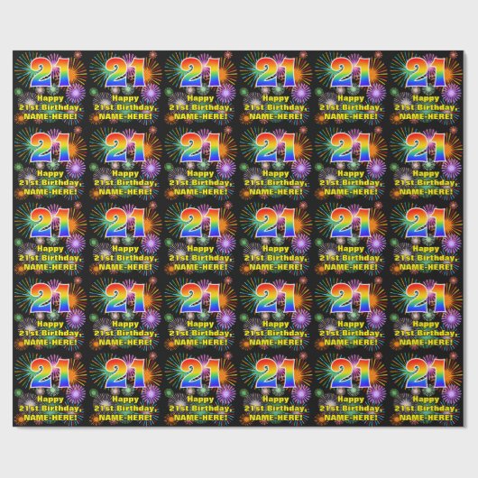 21ste verjaardag: vuurwerk, regenboogblik # "21" cadeaupapier (Vlak)