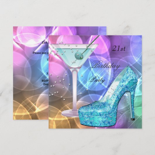 21ste verjaardag White Pink Blauwgroen Martini Sho Kaart (Voorkant / Achterkant)