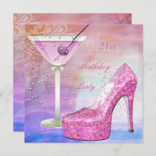 21ste verjaardag White Pink Blue Martini Shoe Kaart (Voorkant / Achterkant)
