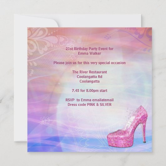 21ste verjaardag White Pink Blue Martini Shoe Kaart (Achterkant)