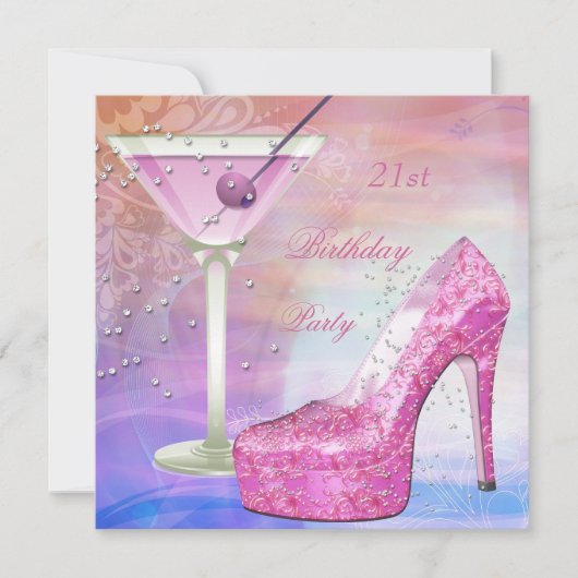 21ste verjaardag White Pink Blue Martini Shoe Kaart (Voorkant)