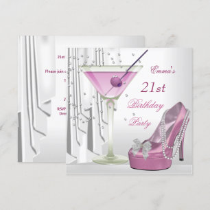 21ste verjaardag White Pink Martini Pearl Shoe Kaart