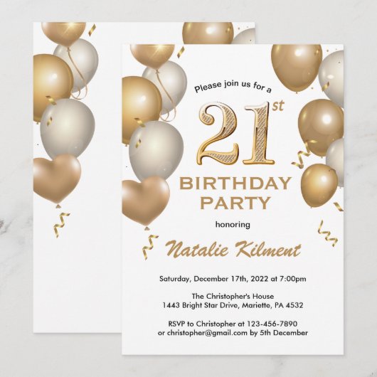21ste verjaardag Witte en gouden ballonnen Kaart (Voorkant / Achterkant)