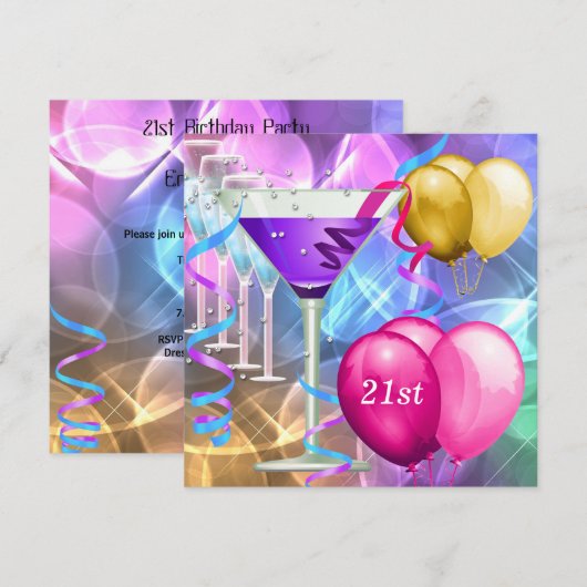 21ste verjaardag Witte Roze Paarse Martini-ballonn Kaart (Voorkant / Achterkant)