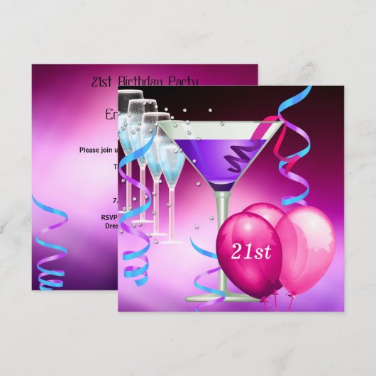 21ste verjaardag Witte Roze Paarse Martini-ballonn Kaart (Voorkant / Achterkant)