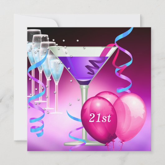 21ste verjaardag Witte Roze Paarse Martini-ballonn Kaart (Voorkant)