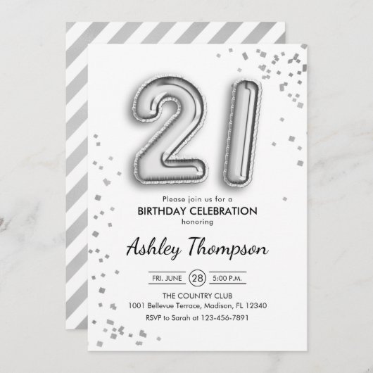 21ste verjaardag - Zilveren ballonnen Kaart (Voorkant / Achterkant)