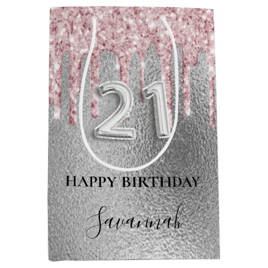 21ste verjaardag zilveren glitter druppelt roze mo medium cadeauzakje (Voorkant)