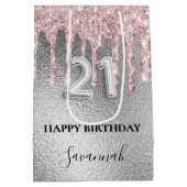 21ste verjaardag zilveren glitter druppelt roze mo medium cadeauzakje (Achterkant)