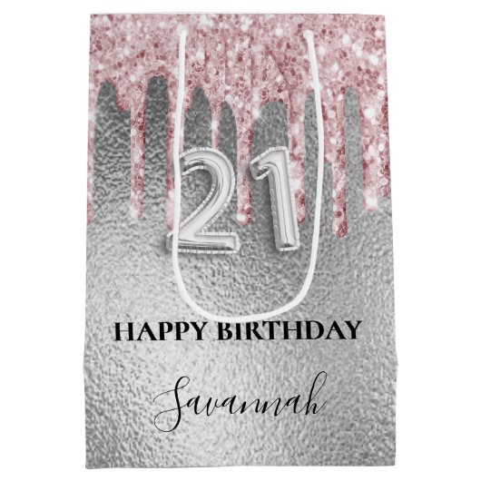 21ste verjaardag zilveren glitter druppelt roze mo medium cadeauzakje (Achterkant)