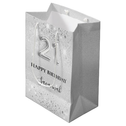 21ste verjaardag zilveren glitter sparkles monogra medium cadeauzakje (Voorkant Gekanteld)