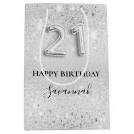 21ste verjaardag zilveren glitter sparkles monogra medium cadeauzakje