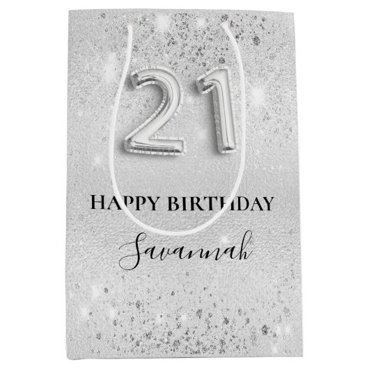 21ste verjaardag zilveren glitter sparkles monogra medium cadeauzakje (Voorkant)